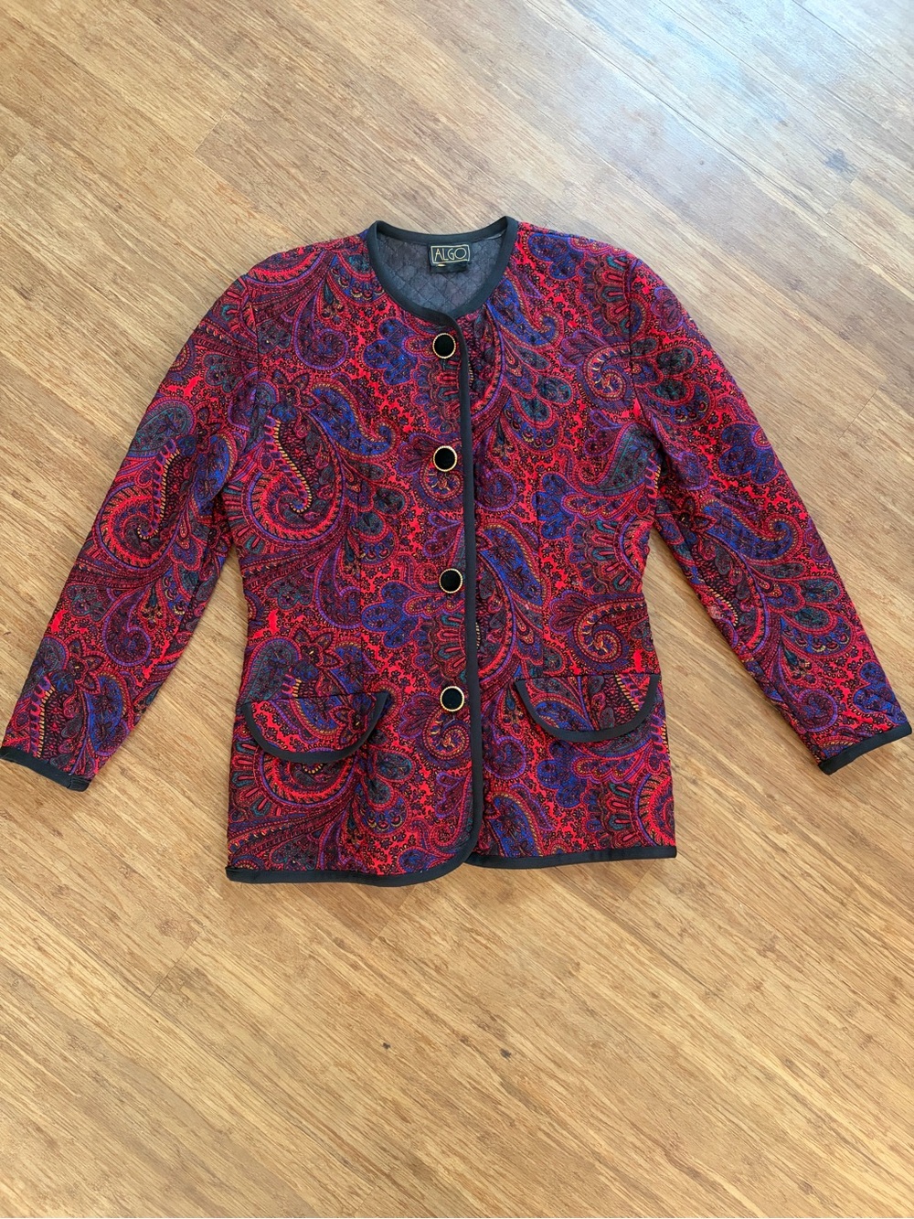 Vintage Algo Quilted Paisley Blazer Jacket Black Gold Button Front Sz Medium